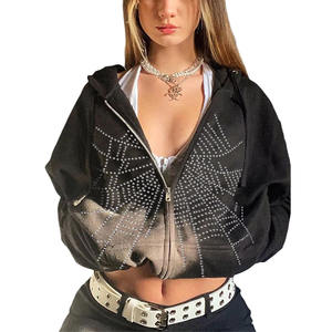 เสื้อฮู้ดมีซิปแนววินเทจสำหรับผู้หญิงขายดีมีเพชรประดับพลอยเทียมประกายแสงแดดทำให้พืชผลจางหายไปทุกฤดู - Product Image 1