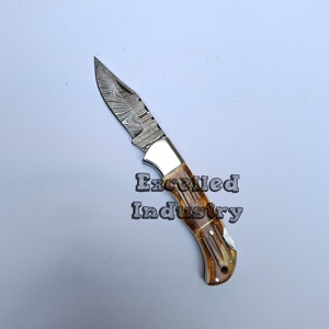 Damasco personalizado hecho a mano multifuncional supervivencia al aire libre cuchillo plegable mango de hueso quemado cuchillo de bolsillo con Funda de cuero - Product Image 5