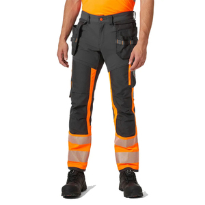 Men High Visibility CE Certified Breathable Workwear Cargo <b>Pants</b> with Reflective Tape Needle Detection <b>Black</b> & Orange Polyester - Product Image 1