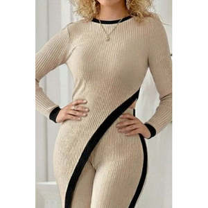 Conjunto de Dos Piezas de Blusa de Manga Larga con Cuello Redondo y Corte Asimétrico de Punto Acanalado y Pantalones para Mujer de Jane's para Uso Diario Informal - Product Image 3