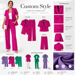 Elegante Completo Donna con Blazer a Maniche Corte e Pantaloni a Gamba Larga, Set Professionale da Ufficio Estivo - Product Image 4