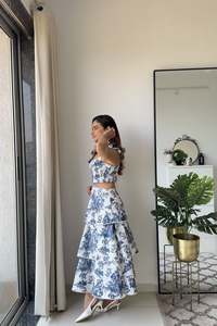 Robe élégante et tendance pour femmes, personnalisée, style princesse, double couche, crochet, perles, imprimé floral, maille française, coton naturel, lin, coupe trapèze - Product Image 3