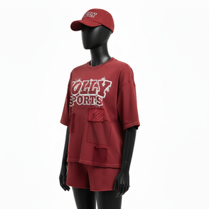 Ensemble short et t-shirt en jersey de coton surdimensionné pour femmes, GSM respirant, tricot uni, logo appliqué, 100% coton, t-shirt et short - Product Image 4