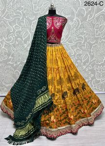 Pure Meena Silk Print Doris Bordado Lacework Pure Bandhani Dupatta Lehenga choli colección para mujeres - Product Image 2