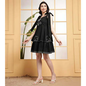 Deebaco Women's Black Cotton Sleeveless A-Line Mini <b>Dress</b> With Floral Embroidery Square Neck <b>Loose</b> Fit Casual Summer Wear - Product Image 3