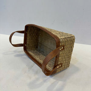 Luxury Eco-Friendly <b>Seagrass</b> Rectangular <b>Basket</b> with 2 Handles and Leather Border - Product Image 4