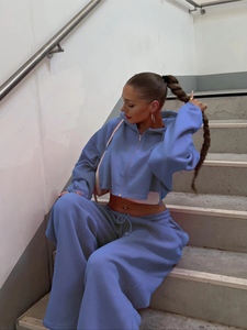 Ensemble 2 pièces pour femme, sweat-shirt à capuche zippé et pantalon long, streetwear, logo sur le devant, uni, hiver, 100% coton, anti-boulochage - Product Image 3