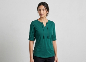 <b>Women's</b> Polyester/Cotton V-<b>neck</b> Tassel Tie 3/4 <b>Roll</b>-Up Sleeve Solid Forest Green Plus Size Summer Knitted Casual T-Shirt - Product Image 1