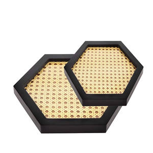 Plateau de service hexagonal en rotin avec cadre en bois noir, tissage en cannage, plaque décorative pour table basse, petit-déjeuner et décoration intérieure - Product Image 3