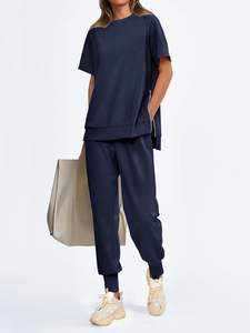 2025 femmes hiver survêtement décontracté survêtement salon ensembles col rond à manches courtes hauts pantalons de survêtement longs motif solide 2 pièces tenues - Product Image 2