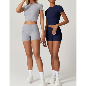 Ensembles d'entraînement pour femmes 2 pièces-Tenues de yoga sans couture lavées à l'acide Shorts et Crop Top Matching Gym - Product Image 5