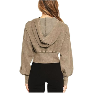 Personalizado Nuevo Diseño Vintage Logo Soft Wear Drop Shoulder Mujeres Hood Acid Wash Zipper Crop Hoodie - Product Image 2