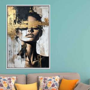 Art mural en verre trempé Golden Woman : Portrait moderne imprimé sur toile, TOILE ENCARTÉCHÉE BLANCHE - Product Image 1