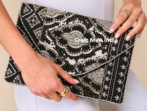 Pochette de soirée perlée à la main avec motif à carreaux abstrait, sac à main élégant pour femme, idéal pour les cadeaux et les événements - Product Image 2