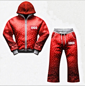 Conjunto de ropa de calle con lavado ácido OEM para hombre, Sudadera con capucha y cremallera con diamantes de imitación de gran tamaño, pantalones de chándal acampanados, técnica impresa - Product Image 3