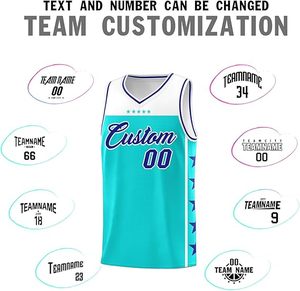 Conjunto de Uniforme de Baloncesto Personalizado Unisex Azul Turquesa Cuello en V Sin Mangas Malla Transpirable Impresión Sublimada Número 00 Uniforme de Equipo - Product Image 4