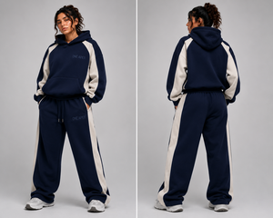 Navy Contrast Panel Hoodie Tracksuit Women's Regular Fleece Breathable Cotton <b>Wide</b> <b>Leg</b> Sweat Set Premium Streetwear - Product Image 2