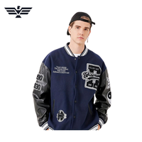 Blouson universitaire bleu marine pour homme avec manches en PU, patchs brodés, coupe-vent style urbain, doublure en laine chauffante, col montant, coupe classique
