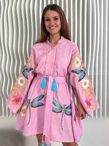 Vestido Midi de Algodón Natural Ecológico Estampado con Cuello en V y Manga Larga, Diseño Floral de Libélula, Estilo Bohemio, Túnica Kaftan con Borlas - Product Image 2