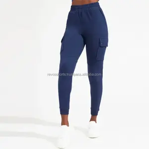 女士修身慢跑者拉绳腰部货物口袋女士运动裤健身房锻炼训练紧身海军蓝彩色运动裤