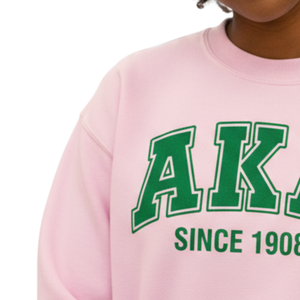 เสื้อสเวตเชิ้ต AKA Since 1908 รุ่นพรีเมียม ผ้าฟลีซ คอกลม แบบสวมหัว สั่งทำพิเศษสำหรับชมรมหญิงชาวกรีก สีชมพูอ่อน พิมพ์ตัวอักษรสีเขียว - Product Image 2