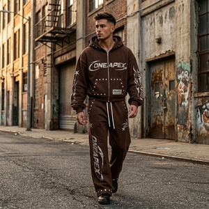 <b>Brown</b> Rhinestone Graphic Zip Up Hoodie Sweatpants Tracksuit Sets Men's Streetwear Two Piece <b>Jogger</b> Outfit Wholesale OEM - Product Image 6