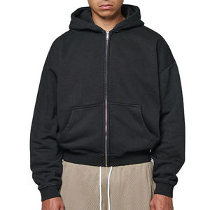 Sweat à capuche zippé oversize noir pour homme, coupe décontractée, épaules tombantes, poches frontales, poignets côtelés, coupe régulière, saison hivernale - Product Image 1