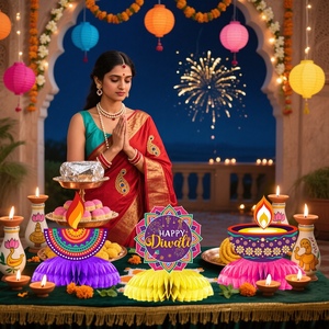 Suministros Personalizados para la Fiesta de Diwali, Lámpara Diya de Papel de Seda 3D, Centro de Mesa con Forma de Panal de Abeja, Decoración de Escritorio para la Celebración India - Product Image 5