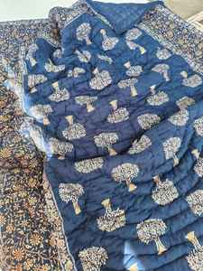 Gold Floral Razai Quilt Queen Size Organic Cotton <b>Blanket</b> Rajasthani Block Print Style - Product Image 3