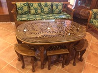 Ensemble de table et chaises de salle à manger en teck durable et écoresponsable, sculpté style antique Dragon Phénix, mobilier de cuisine et d'hôtel de style chinois
