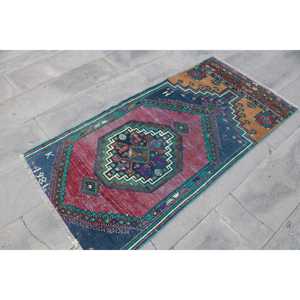 Turkish Rug 2.9x5.7 ft, <b>Red</b> Blue Solid <b>Wool</b> Vintage Rug - Product Image 3
