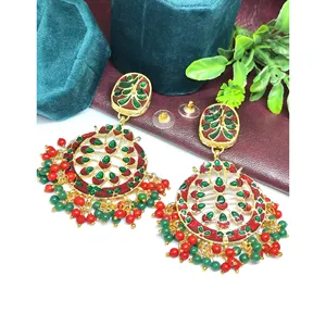 Gold Plated Kundan Chandelier <b>Earrings</b> <b>Red</b> & Green Chandbali with Floral Pattern for Weddings - Product Image 2