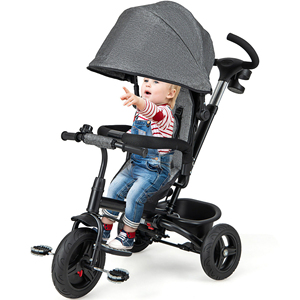 Tricycle gris durable bébé push vélo v3 avec harnais de sécurité siège réglable roues lisses poignée de direction parent et extérieur - Product Image 4
