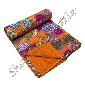 Orange Fruit Print Kantha Reversible Cotton Quilt Twin Size 60X90 Inch rajasthani handmade quilt Multi colour quilt bed quilling