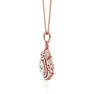 สร้อยคอจี้เพชรรูปดอกบัวทองคำ 14K โรสโกลด์ เพชรทรงลูกแพร์ธรรมชาติ เครื่องประดับงานแต่งงานสำหรับผู้หญิง - Product Image 3