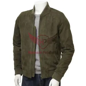 Blouson aviateur en daim olive de qualité supérieure pour hommes avec options personnalisables-Vêtements d'extérieur élégants pour les occasions décontractées et formelles - Product Image 1