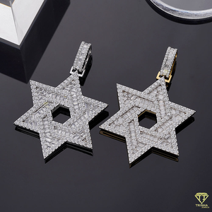 จี้เพชร Baguette ดาวหกแฉกนำโชคออกสีเหลืองและสีขาวทองสไตล์ฮิปฮอป - Product Image 3