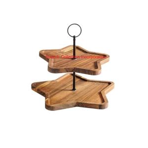 Wholesale Restaurant Party 2 Tier Acacia Wooden <b>Cake</b> Serving Tray Stand Gold Handle Dessert Display Platter For <b>Wedding</b> Party - Product Image 2