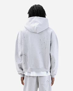 Sweat-shirt à capuche pour homme en molleton imprimé 100% coton gris chiné délavé, ourlet côtelé, style décontracté, automne, prix de gros, directement de l'usine - Product Image 2