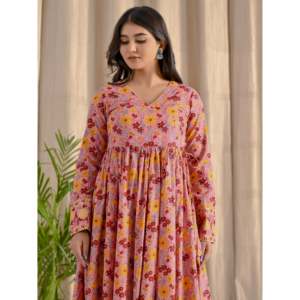 Vestido Largo Angrakha Rosa con Estampado Jaal, Elegante, Cintura Imperio, Impresión Digital, 100% Algodón, Largo hasta el Suelo, Talla XL, para el Día - Product Image 1