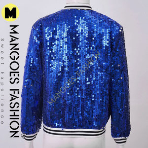 Girls <b>Sequin</b> Bomber <b>Jacket</b> Breathable Cotton Canvas Zip-Up Shiny Long Sleeve Flight Royal Blue Quilted Detachable Hat Hip Hop - Product Image 4