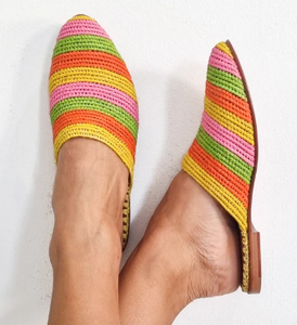 Prêt à expédier, chaussures en raphia, pantoufles faites à la main, sandales arc-en-ciel, chaussures arc-en-ciel, chaussures marocaines, appartements raphia haut de gamme - Product Image 3