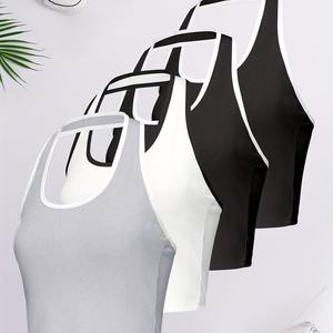 Paquete de 4 camisetas sin mangas de Color sólido con estampado de logotipo personalizado para mujer, talla XS, cuello Halter, chaleco informal para gimnasio, Yoga, tela tejida con ribete en contraste - Product Image 5