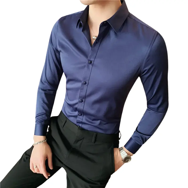 Long Sleeve Cotton Men's Shirts Formal Business Dress Shirt V neck Customized Solid Color Men Shirt