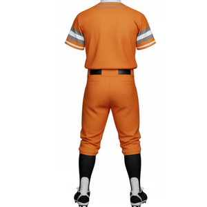 Uniforme de Béisbol de Alto Rendimiento Color Naranja OEM, Jersey de Equipo con Botones y Detalles de Rayas en las Mangas y Pantalones Deportivos a Juego - Product Image 3