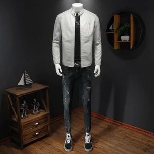 Otoño e Invierno nuevos hombres de moda guapo con solapa fina motocicleta abrigo de cuero Delgado elegante hombre chaqueta - Product Image 5