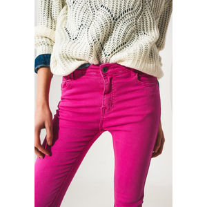 Jean évasé fuchsia à ourlet brut en denim respirant, style décontracté urbain, taille élastique, taille mi-haute, taille XL - Product Image 5