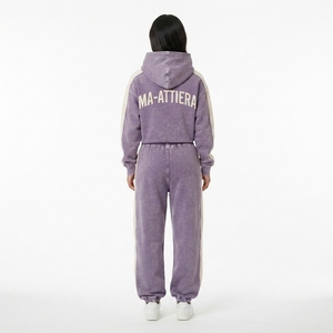 Conjunto de Sudadera con Capucha y Pantalones Deportivos para Mujer, Personalizado, Color Morado con Paneles en Contraste, Felpa de Algodón, Lavado Ácido, Ropa Deportiva Urbana, Venta al Por Mayor OEM - Product Image 2