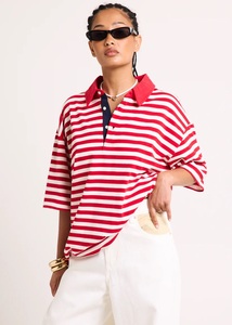 Camiseta de Mujer a Rayas 100% Algodón/Poliéster, Manga Corta, Manga Raglán, Cuello con Solapa, Estilo Holgado y Cuadrado, Verano - Product Image 5