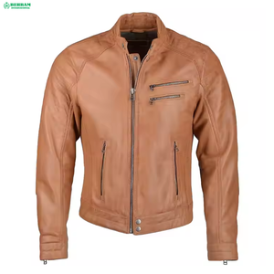 BEHRAM INTERNATIONAL Men's Genuine <b>Leather</b> Moto <b>Jacket</b> Stand Collar Zipper Closure Slim Fit Autumn Style <b>Brown</b> Color - Product Image 1